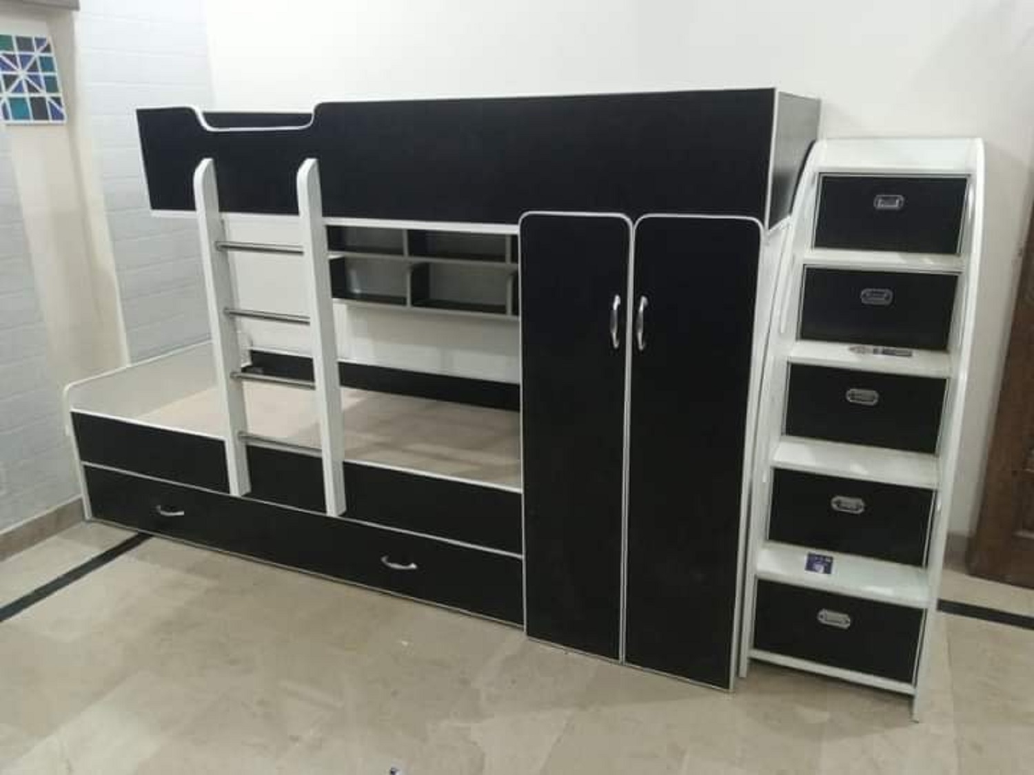 Black White Kids Bunk Bed With Cupboard Storage